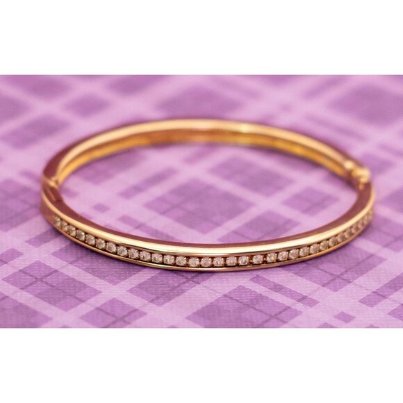 Vintage Dainty Rhinestones Stripe Gold Tone Hinged Bangle 7 inch by Avon - V8 - Picture 2 of 3
